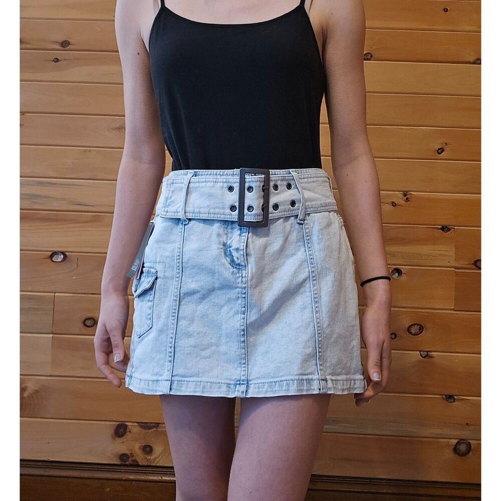 Women's Wild Fable Denim Jean Acid Wash Cargo Loop Belted Mini Skirt 0 NEW